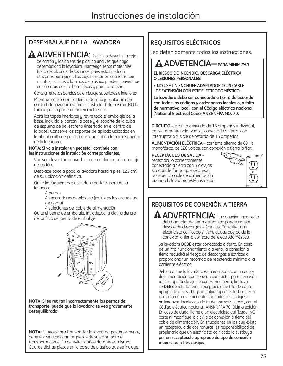 Instrucciones de instalación, Advertencia, Advetencia | Desembalaje de la lavadora, Requisitos eléctricos, Requisitos de conexión a tierra | GE PFWH4400 User Manual | Page 76 / 87