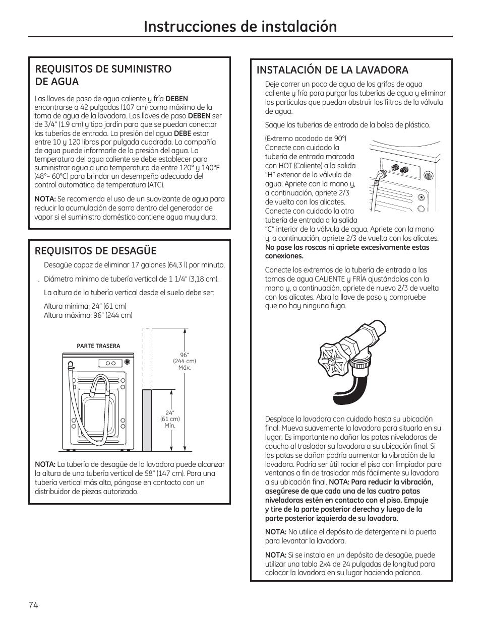 Instrucciones de instalación, Instalación de la lavadora | GE PFWH4400 User Manual | Page 77 / 87