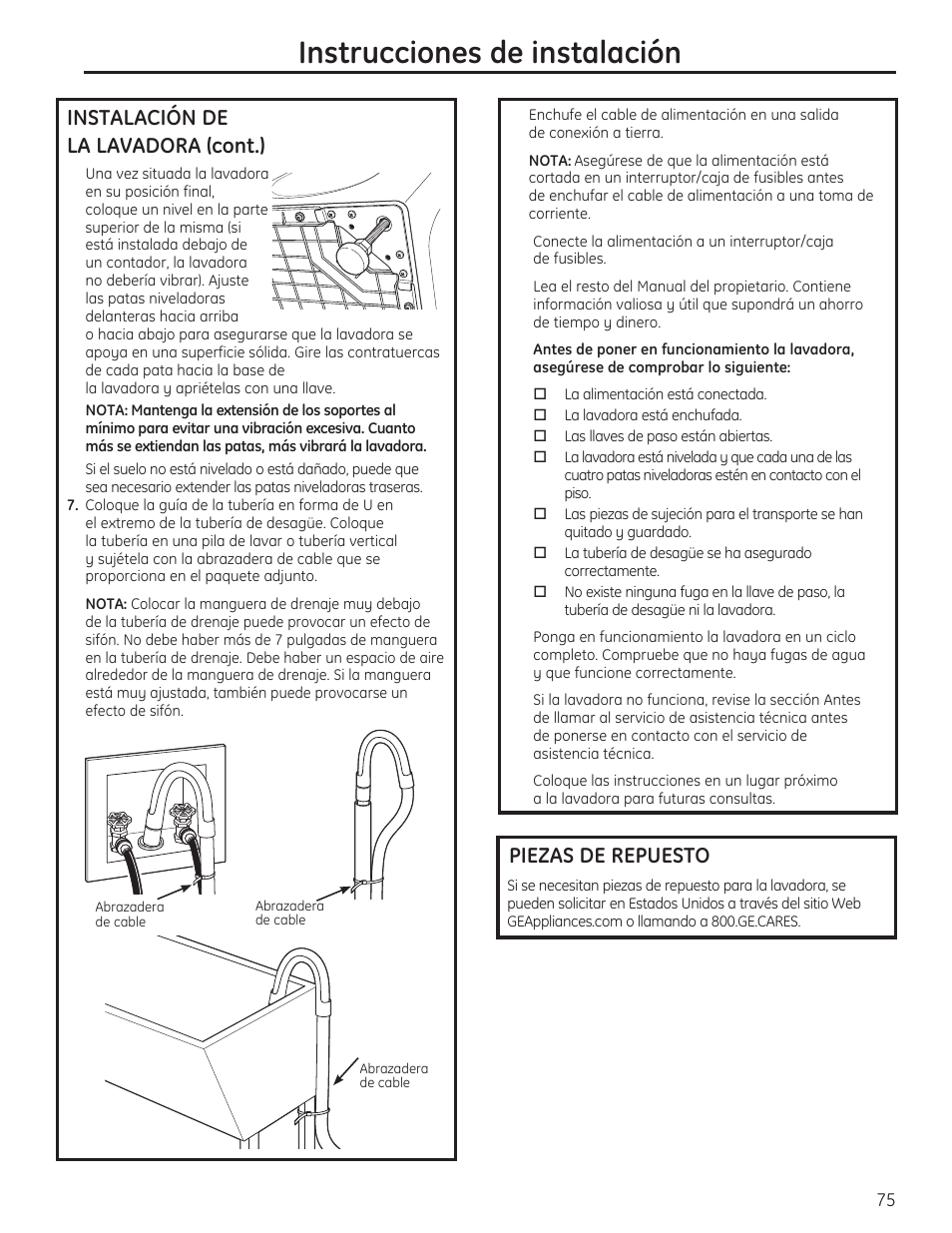 Instrucciones de instalación, Instalación de la lavadora (cont.), Piezas de repuesto | GE PFWH4400 User Manual | Page 78 / 87