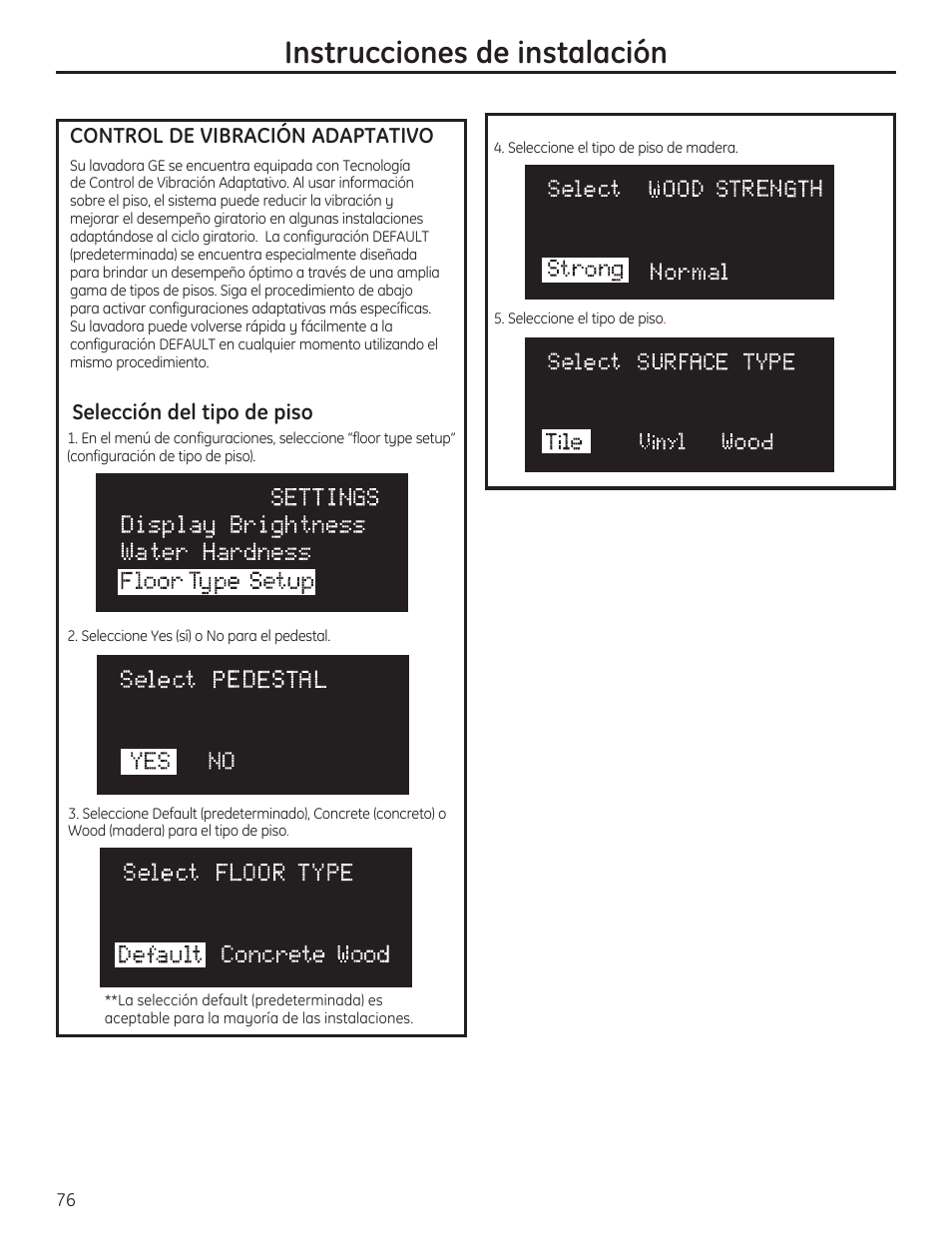 Instrucciones de instalación, Selección del tipo de piso, Control de vibración adaptativo | GE PFWH4400 User Manual | Page 79 / 87