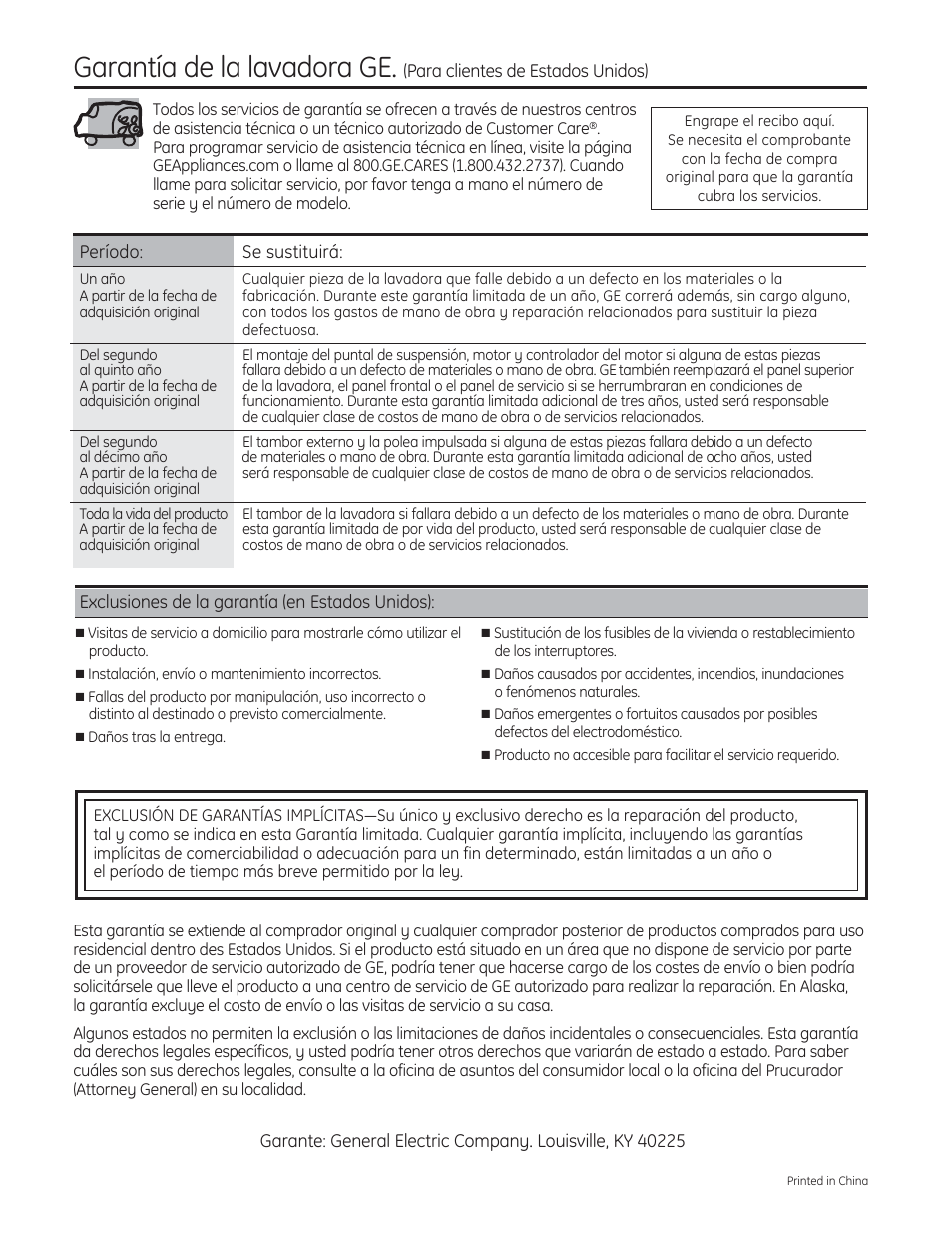 Garantía de la lavadora ge | GE PFWH4400 User Manual | Page 86 / 87