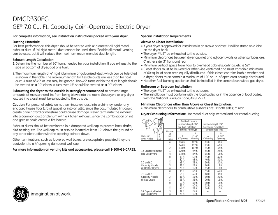 Dmcd330eg, 0 cu. ft. capacity coin-operated electric dryer | GE DMCD330EG User Manual | Page 2 / 3