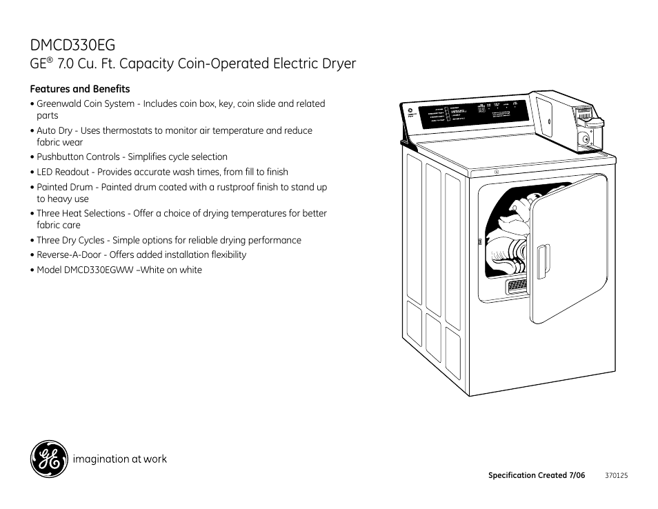 Dmcd330eg, 0 cu. ft. capacity coin-operated electric dryer | GE DMCD330EG User Manual | Page 3 / 3