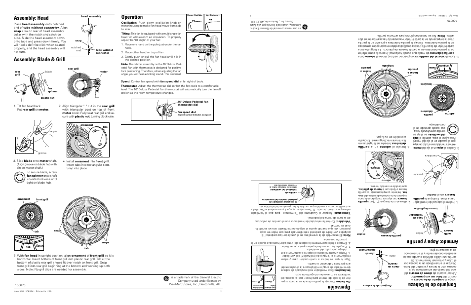 Operation, Assembly: blade & grill, Assembly: head | Operación, Armado: aspa y parrilla, Conjunto de la cabeza | GE 106670 User Manual | Page 2 / 4