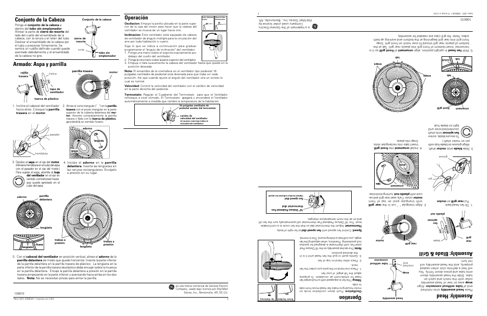 Operación, Assembly: blade & grill, Operation | Assembly: head, Armado: aspa y parrilla, Conjunto de la cabeza | GE 106670 User Manual | Page 4 / 4