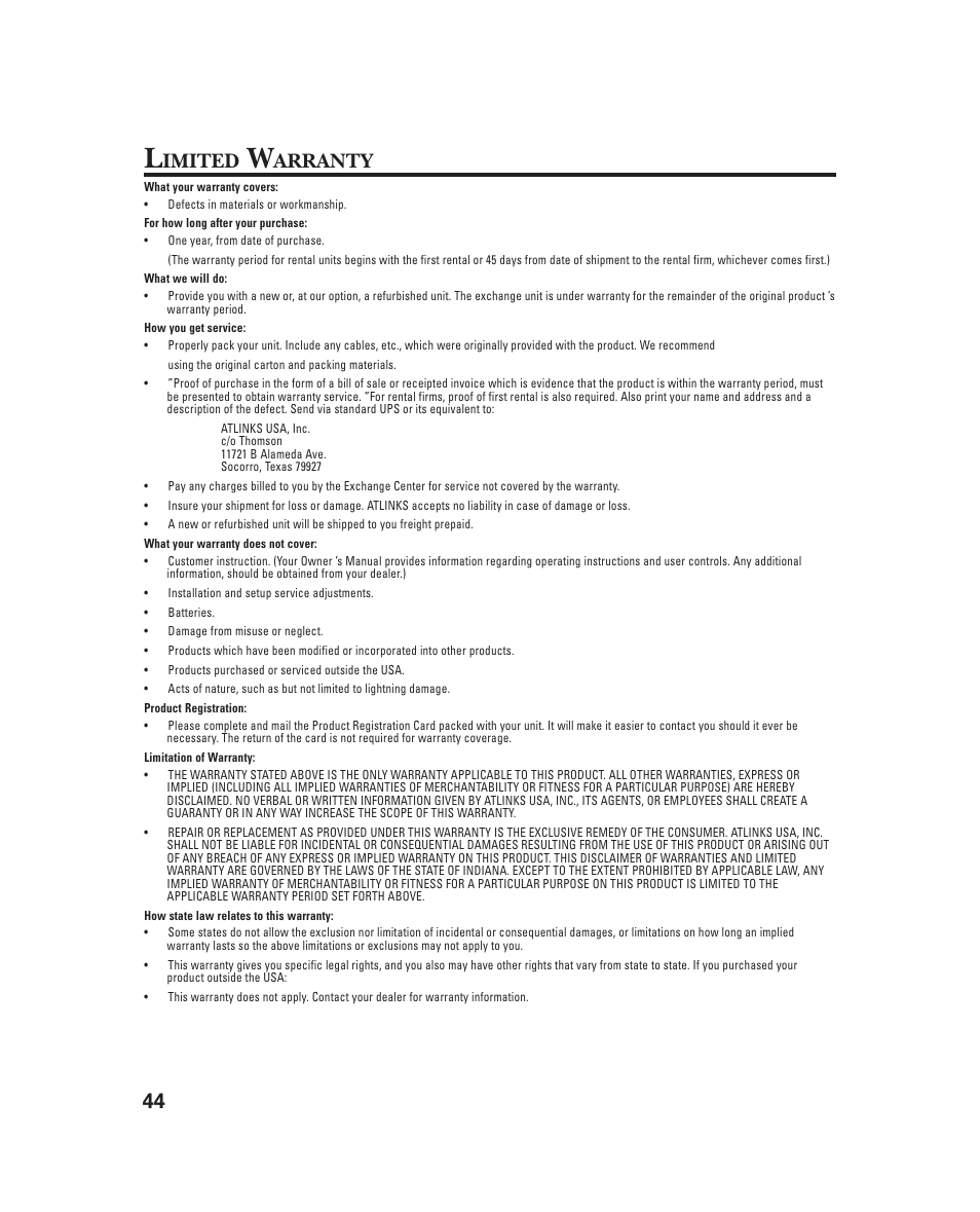 Imited, Arranty | GE 21018 User Manual | Page 44 / 92