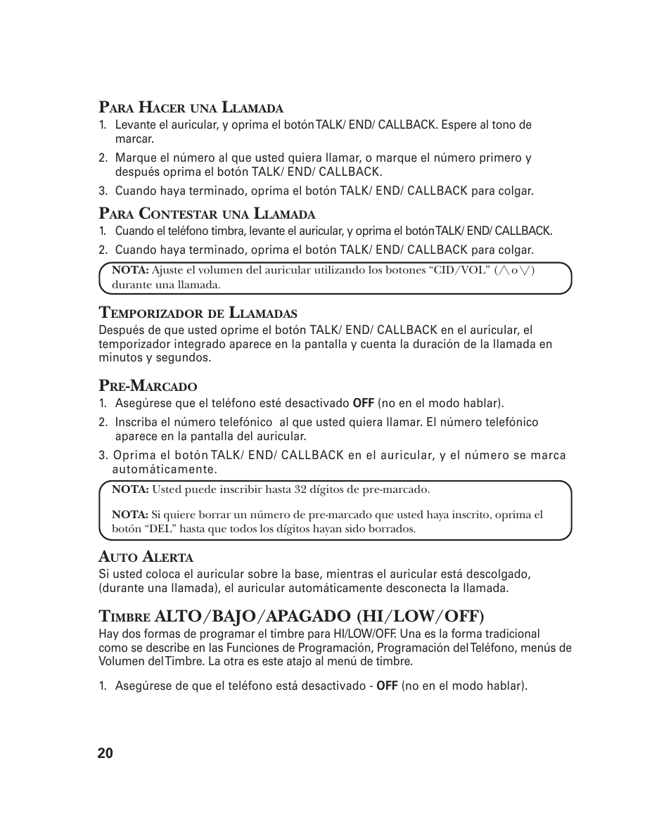 Alto/bajo/apagado (hi/low/off) | GE 21018 User Manual | Page 66 / 92