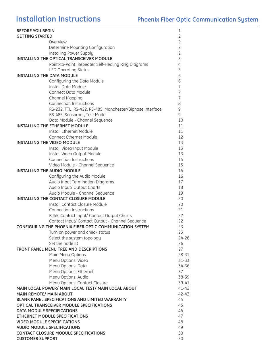 Installation instructions, Phoenix fiber optic communication system | GE A8950CC User Manual | Page 2 / 52