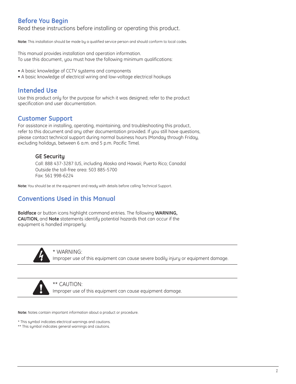 Before you begin, Intended use, Customer support | Conventions used in this manual | GE A8950CC User Manual | Page 3 / 52