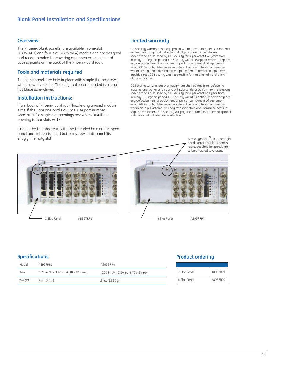 Vblank panel installation and specifications, Overview specifications product ordering, Tools and materials required | Installation instructions, Limited warranty | GE A8950CC User Manual | Page 46 / 52