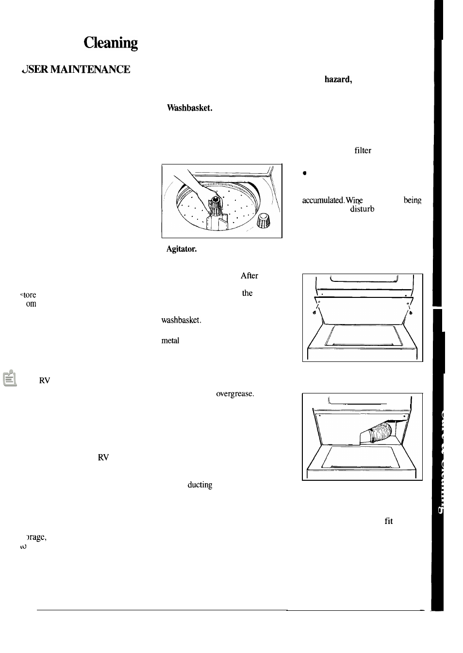 Care and cleaning, User maintenance instructions 25, Vacation tips | Washer, Agitator, Front access panel, Care and, Instructions, Dryer | GE WSM2700L User Manual | Page 25 / 28