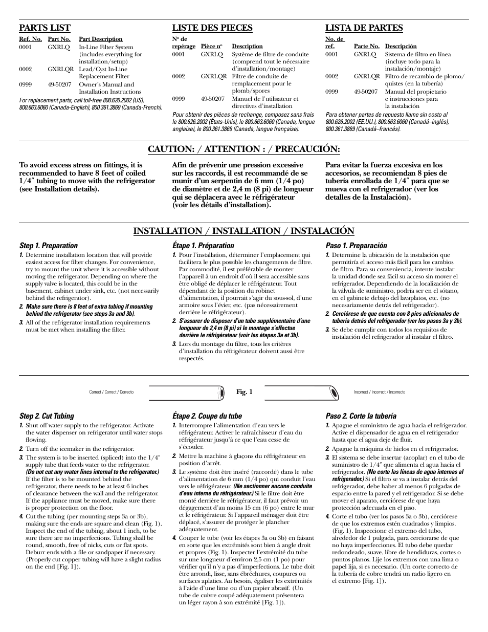 Caution: / attention : / precaución, Installation / installation / instalación, Parts list | Liste des pieces, Lista de partes | GE SmartWater GXRLQ User Manual | Page 3 / 6