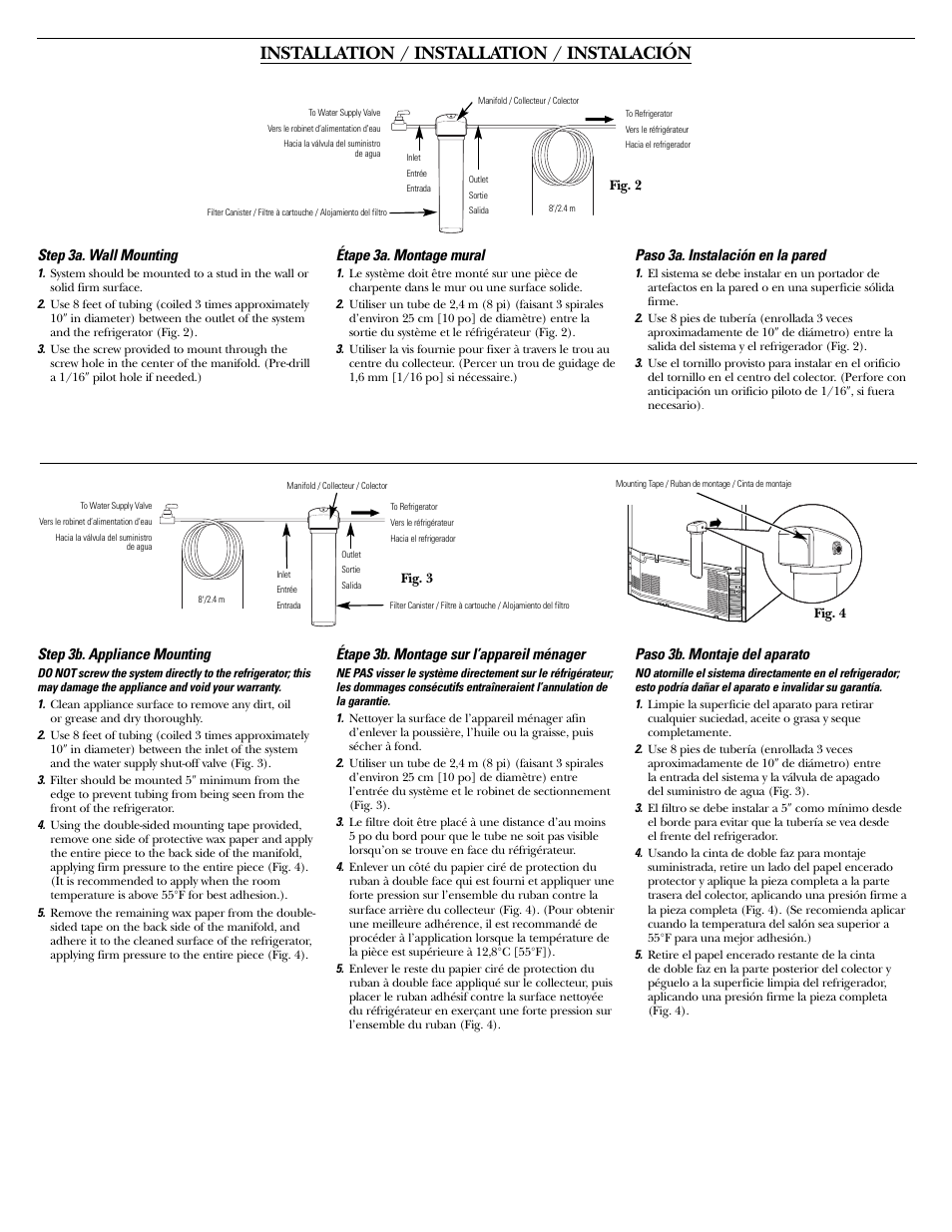 Installation / installation / instalación, Step 3b. appliance mounting, Étape 3b. montage sur l’appareil ménager | Paso 3b. montaje del aparato, Step 3a. wall mounting, Étape 3a. montage mural, Paso 3a. instalación en la pared | GE SmartWater GXRLQ User Manual | Page 4 / 6