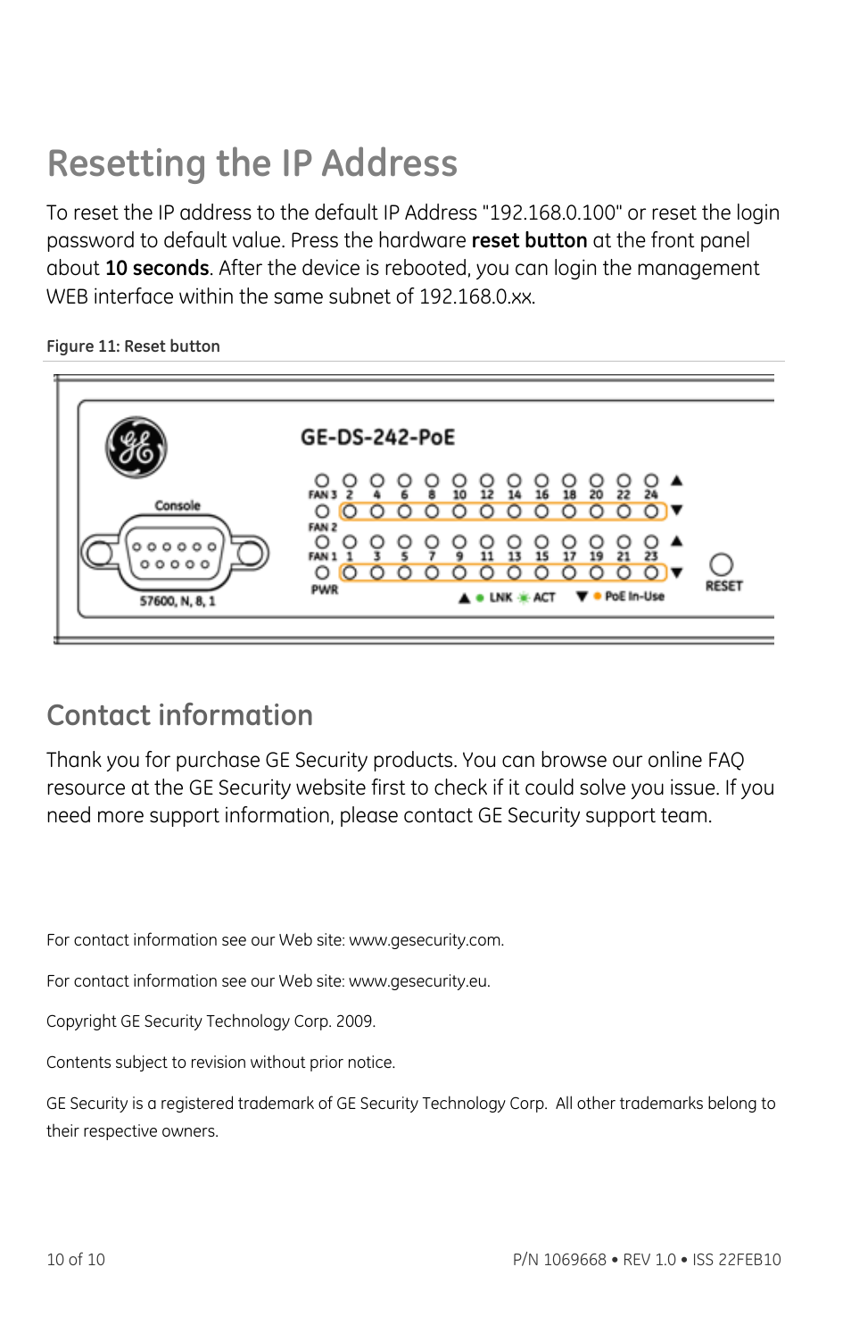 Resetting the ip address, Contact information | GE DS-242-POE User Manual | Page 10 / 10
