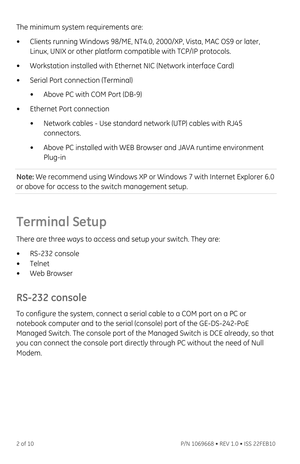 Terminal setup, Rs-232 console | GE DS-242-POE User Manual | Page 2 / 10