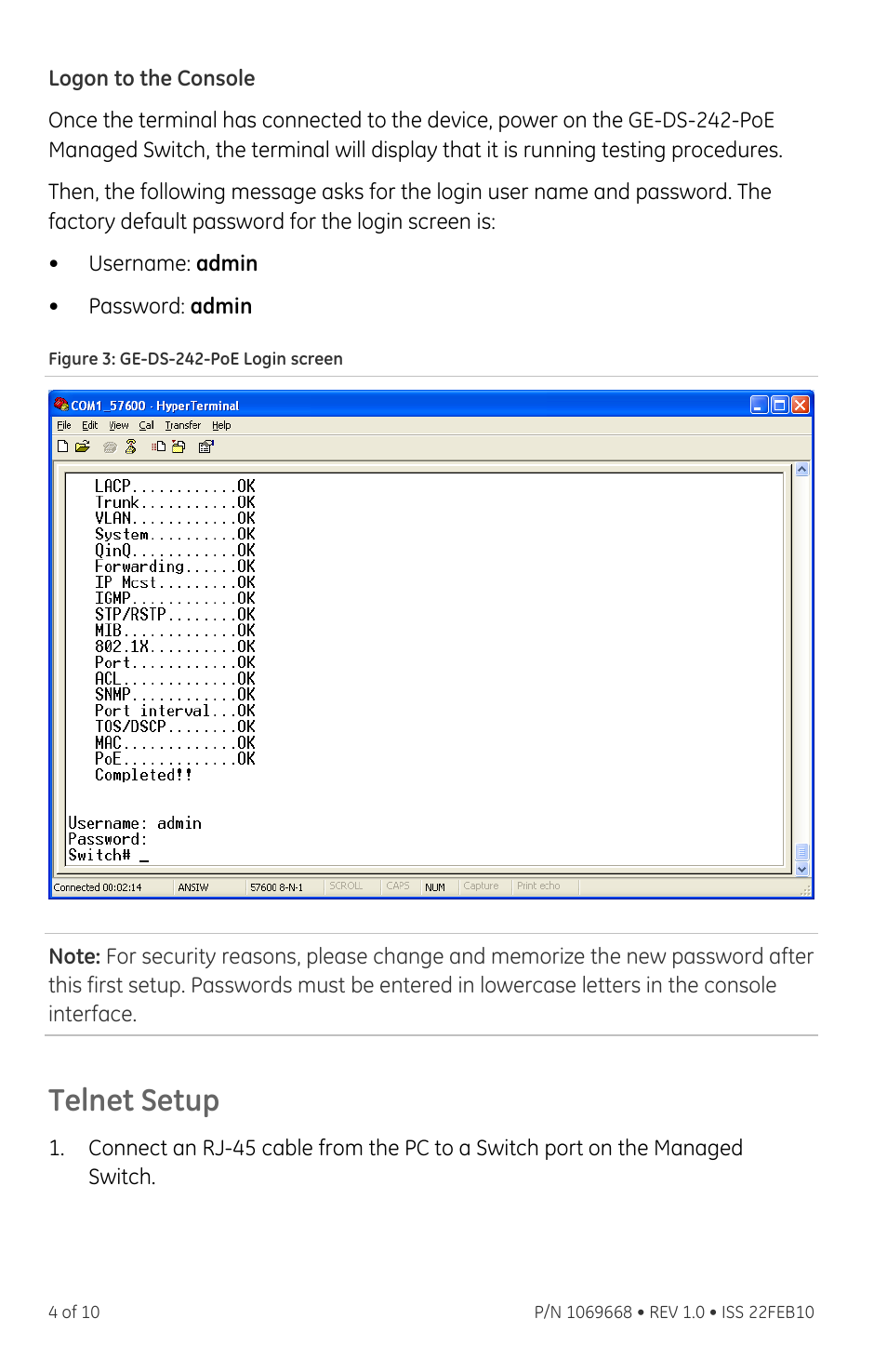Logon to the console, Telnet setup | GE DS-242-POE User Manual | Page 4 / 10