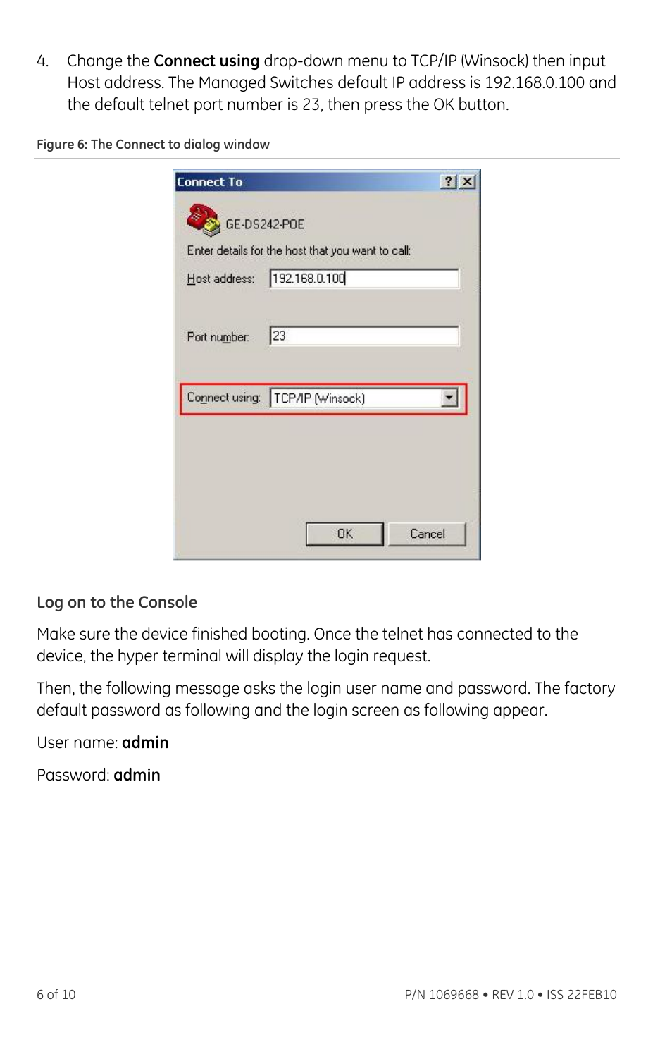 Log on to the console | GE DS-242-POE User Manual | Page 6 / 10