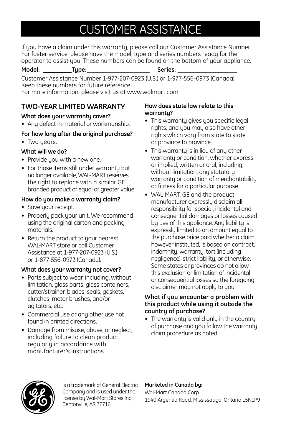 Customer assistance, Two-year limited warranty | GE 169054 User Manual | Page 10 / 10