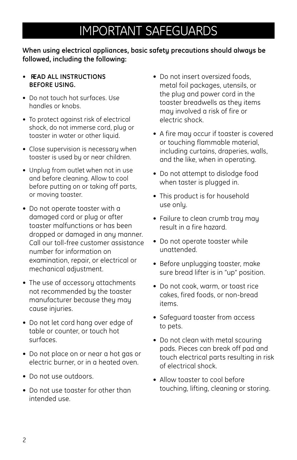 Important safeguards | GE 169054 User Manual | Page 2 / 10