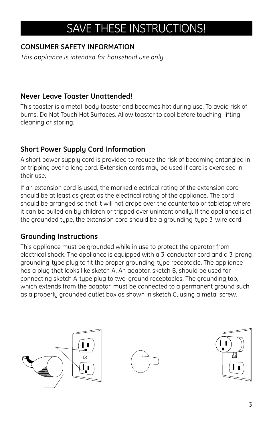 Save these instructions | GE 169054 User Manual | Page 3 / 10