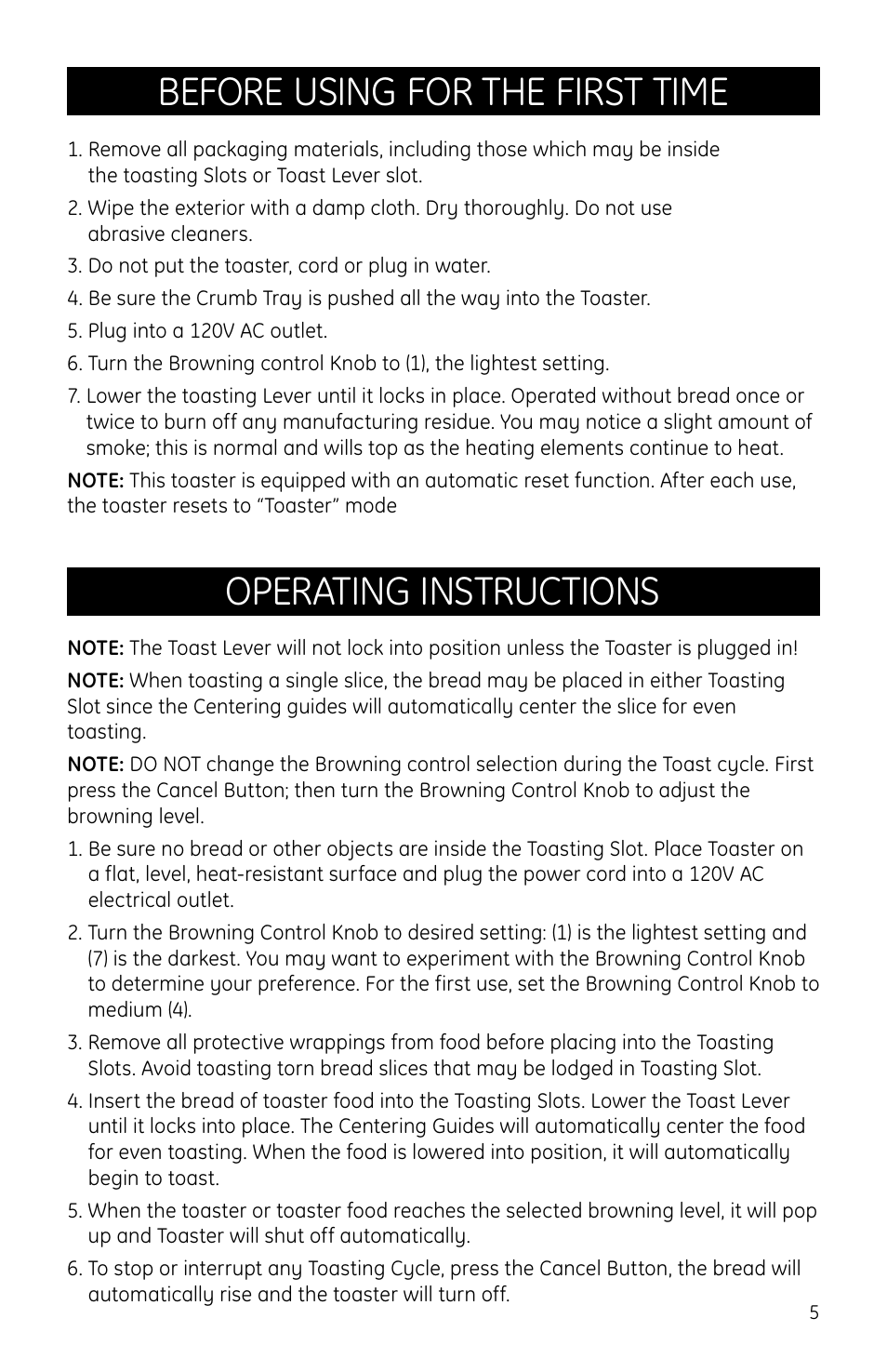 Before using for the first time, Operating instructions | GE 169054 User Manual | Page 5 / 10