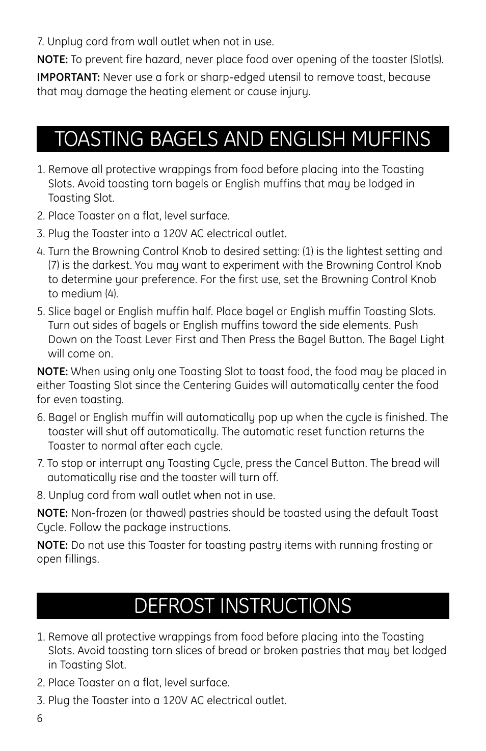 Toasting bagels and english muffins, Defrost instructions | GE 169054 User Manual | Page 6 / 10