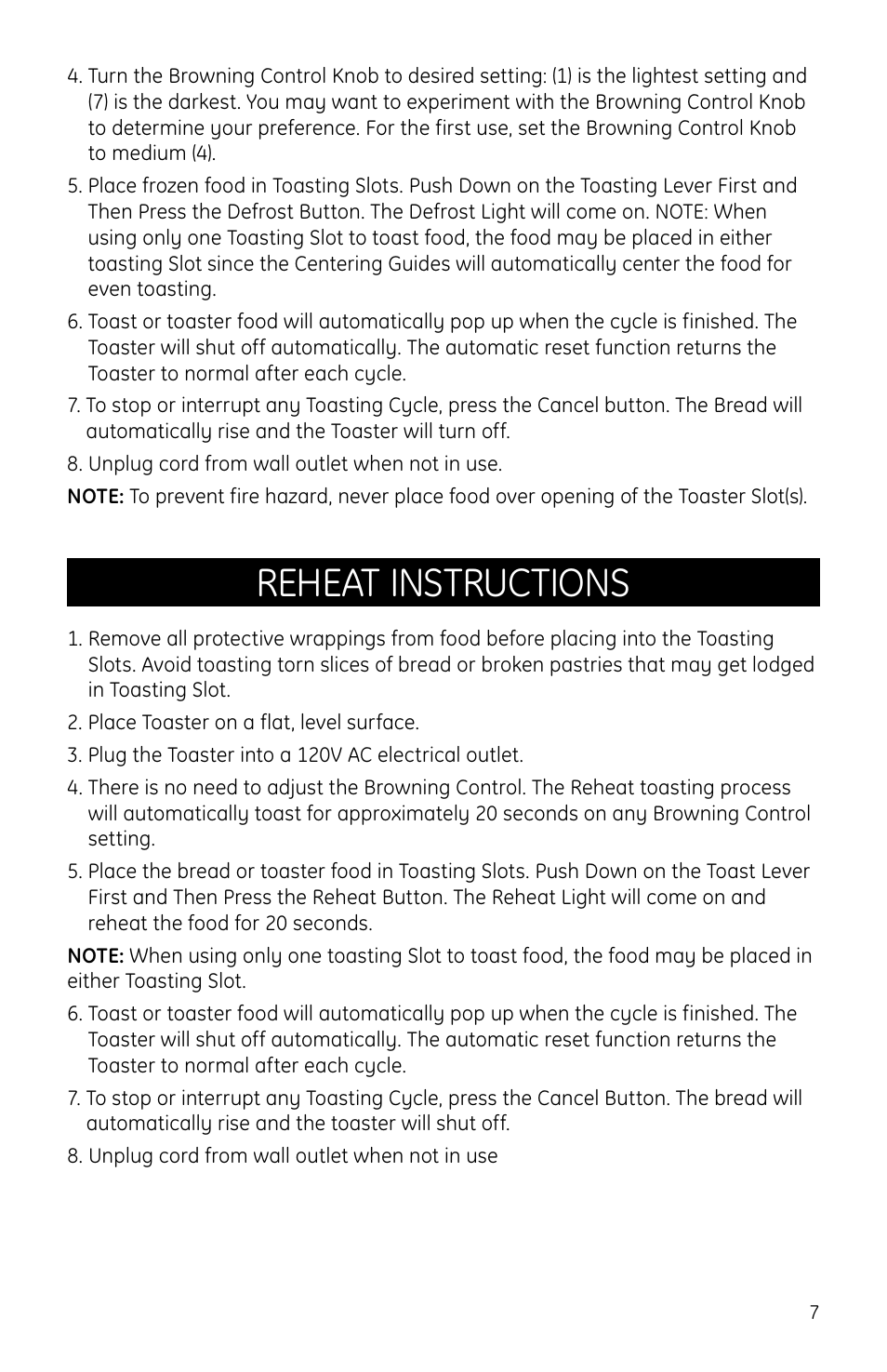 Reheat instructions | GE 169054 User Manual | Page 7 / 10