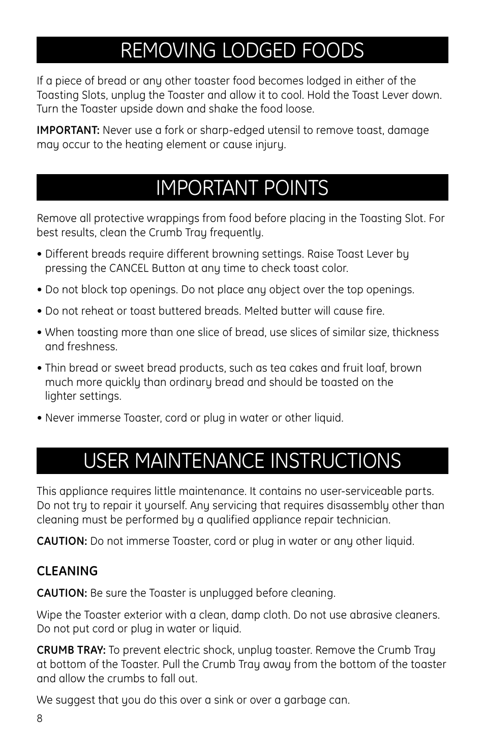 Removing lodged foods, Important points, User maintenance instructions | GE 169054 User Manual | Page 8 / 10