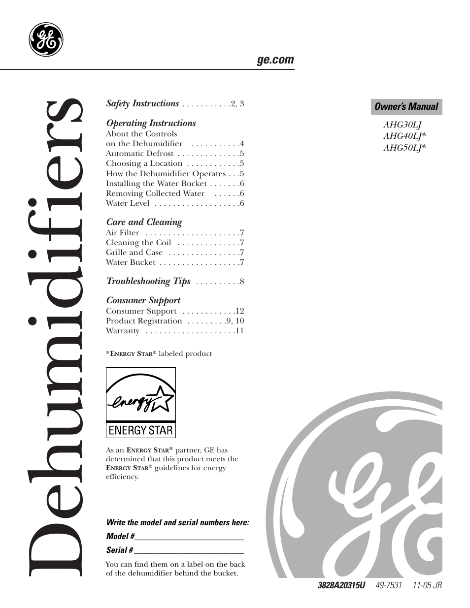 GE AHG50LJ User Manual | 24 pages