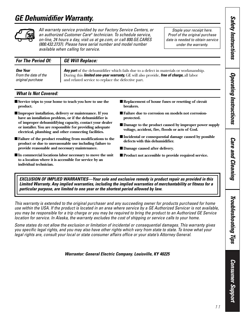Warranty, Ge dehumidifier warranty | GE AHG50LJ User Manual | Page 11 / 24
