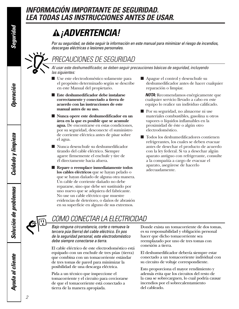 Instrucciones de seguridad, Advertencia, Precauciones de seguridad | Como conectar la electricidad | GE AHG50LJ User Manual | Page 14 / 24