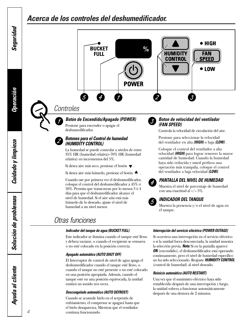 Acerca de los controles, Otras funciones | GE AHG50LJ User Manual | Page 16 / 24