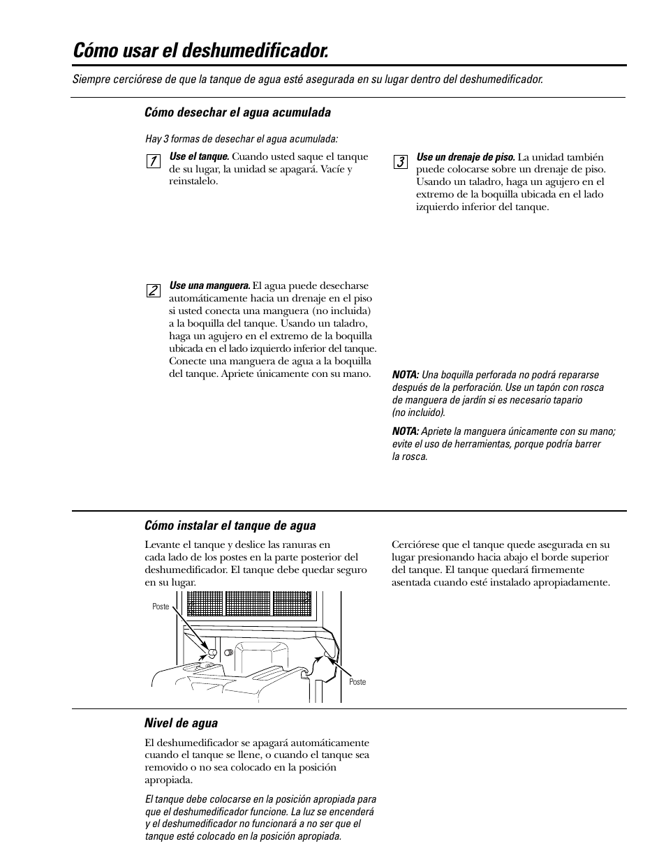 Cómo desechar el agua acumulada, Cómo instalar el tanque de agua, Nivel de agua | Cómo usar el deshumedificador | GE AHG50LJ User Manual | Page 18 / 24