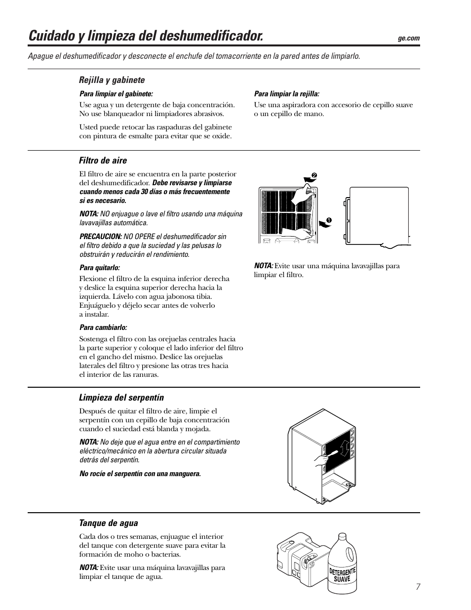 Filtro de aire, Limpieza del serpentín, Rejilla y gabinete | Tanque de agua, Cuidado y limpieza del deshumedificador | GE AHG50LJ User Manual | Page 19 / 24