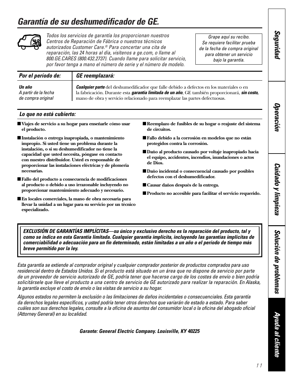 Garantía, Garantía de su deshumedificador de ge | GE AHG50LJ User Manual | Page 23 / 24