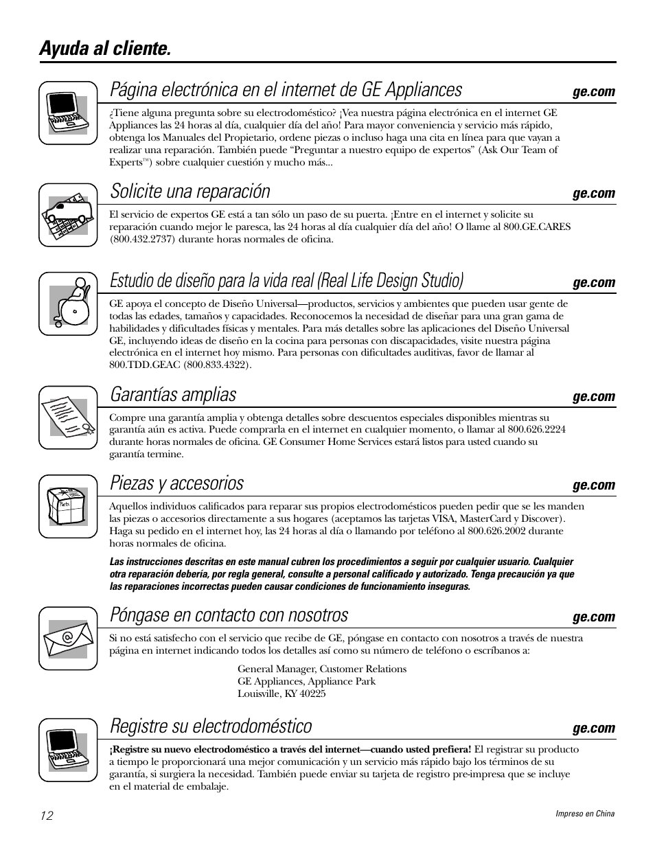 Ayuda al cliente, Solicite una reparación, Garantías amplias | Piezas y accesorios, Póngase en contacto con nosotros, Registre su electrodoméstico | GE AHG50LJ User Manual | Page 24 / 24