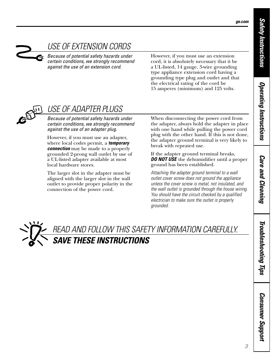 Use of extension cords | GE AHG50LJ User Manual | Page 3 / 24