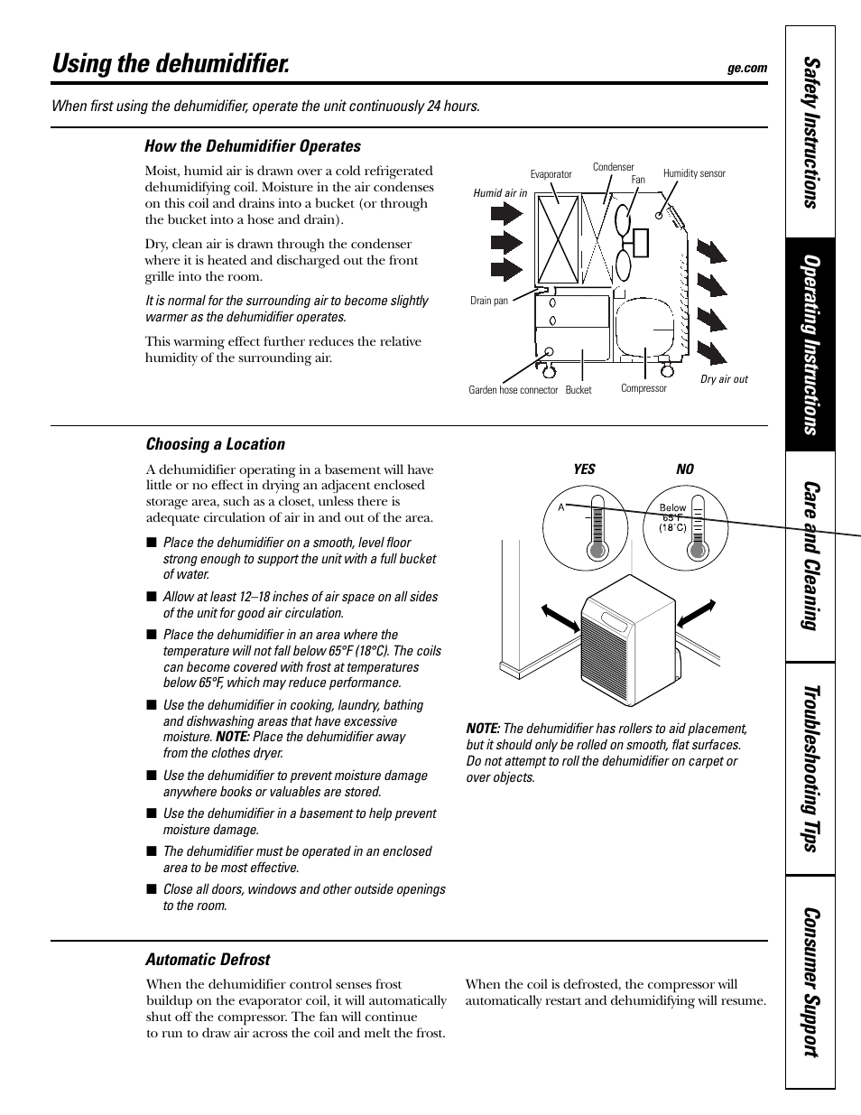 Automatic defrost, Choosing a location, How the dehumidifier operates | Using the dehumidifier | GE AHG50LJ User Manual | Page 5 / 24