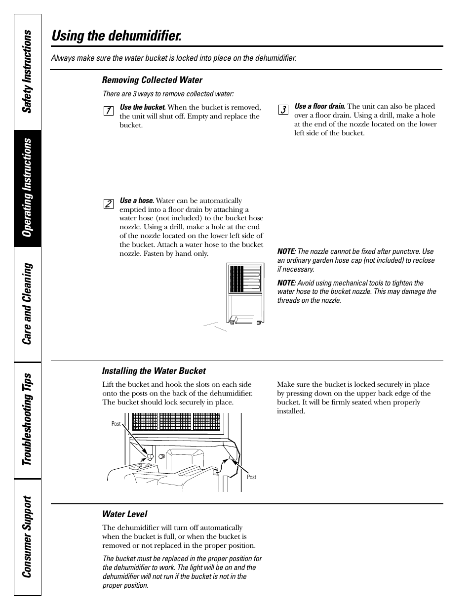 Installing the water bucket, Removing collected water, Water level | Using the dehumidifier | GE AHG50LJ User Manual | Page 6 / 24