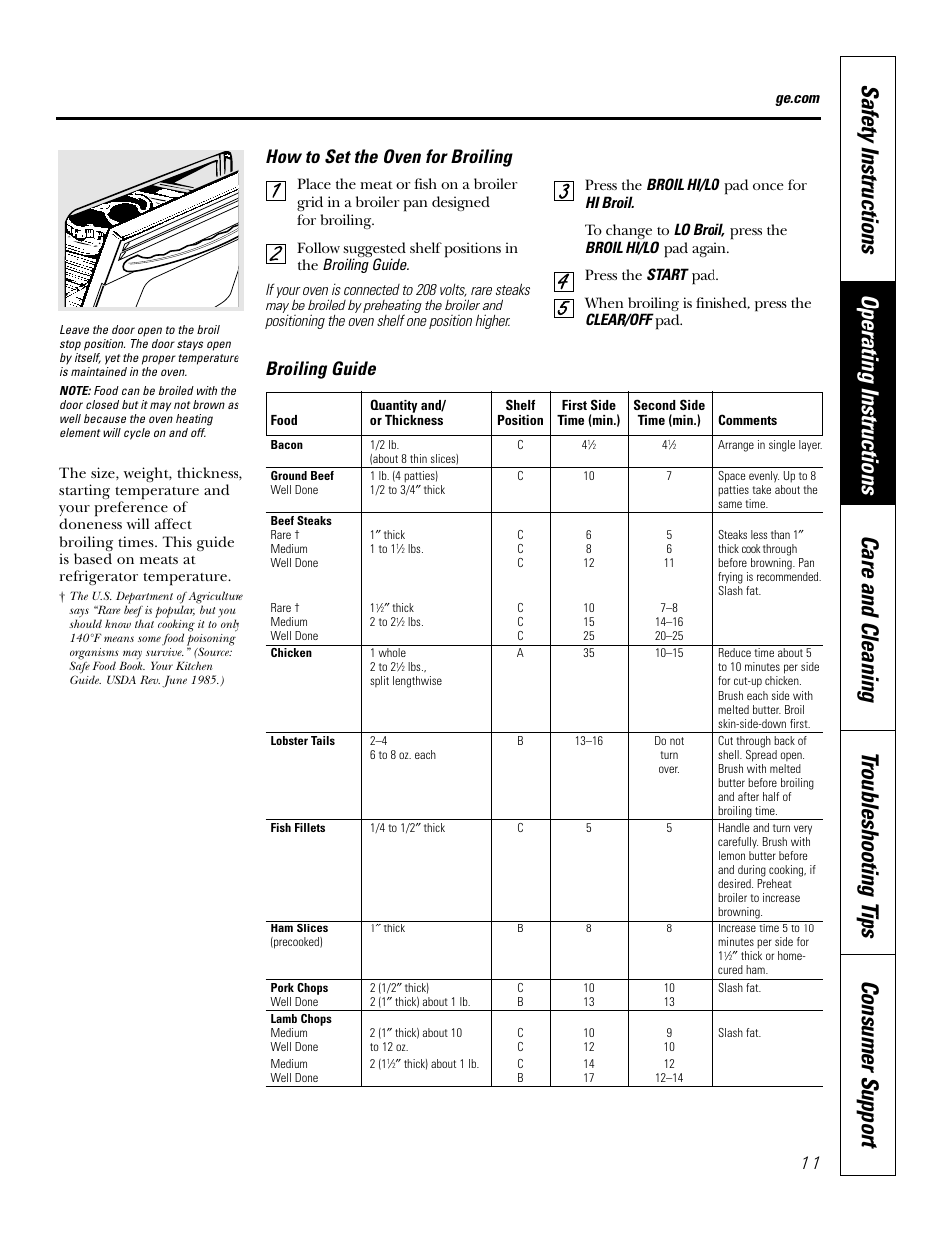 How to set the oven for broiling, 11 broiling guide | GE JKS06 User Manual | Page 11 / 24