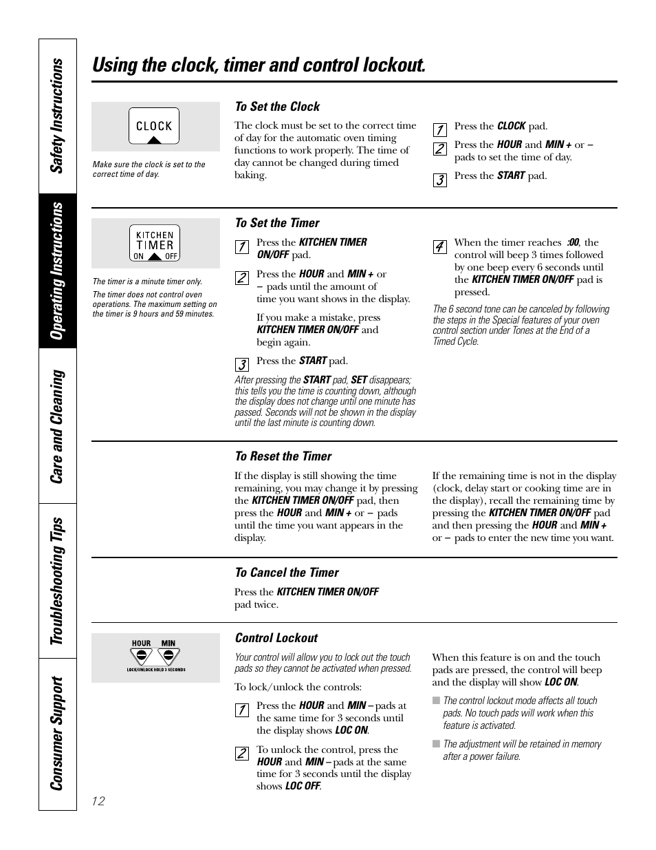 Clock and timer, Control lockout, Clock and timer control lockout | Using the clock, timer and control lockout | GE JKS06 User Manual | Page 12 / 24