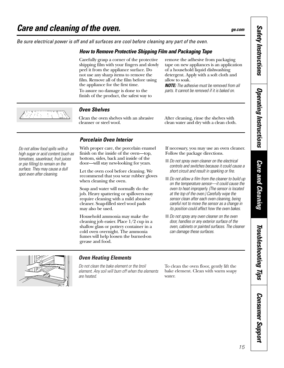 Heating element, Packaging tape, Porcelain oven interior | Shelves, Porcelain oven interior shelves, Care and cleaning of the oven | GE JKS06 User Manual | Page 15 / 24