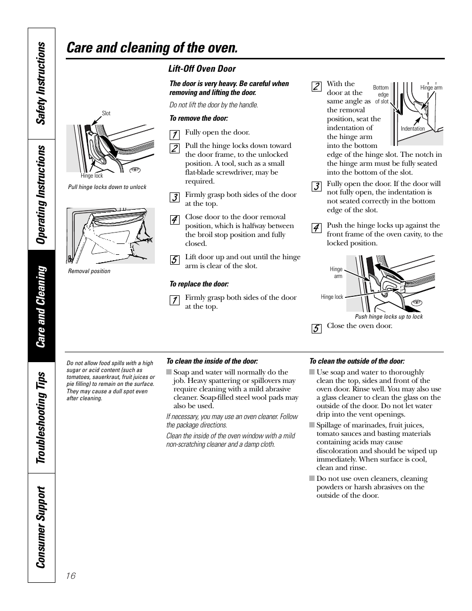 Lift-off oven door, Care and cleaning of the oven | GE JKS06 User Manual | Page 16 / 24