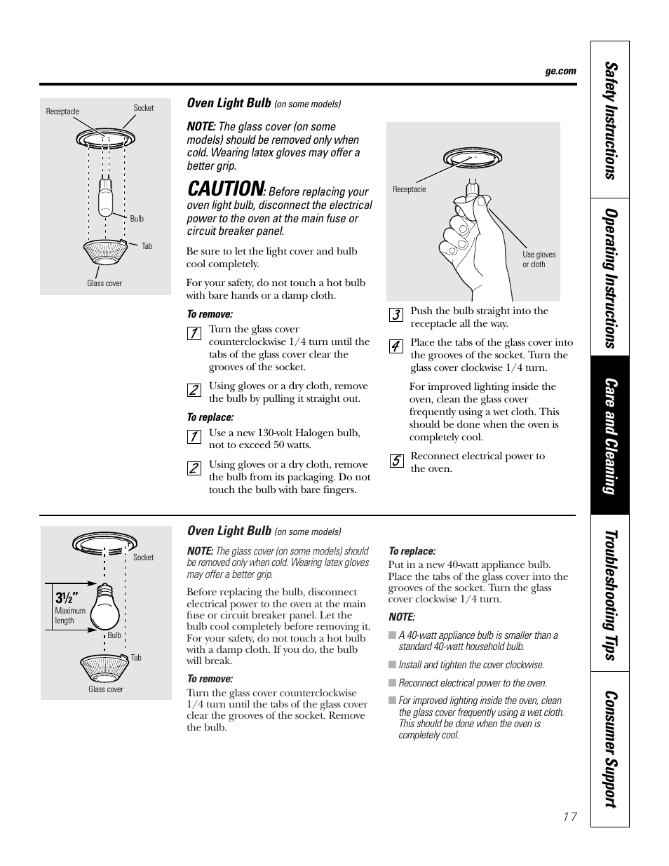 Light bulb, Caution | GE JKS06 User Manual | Page 17 / 24