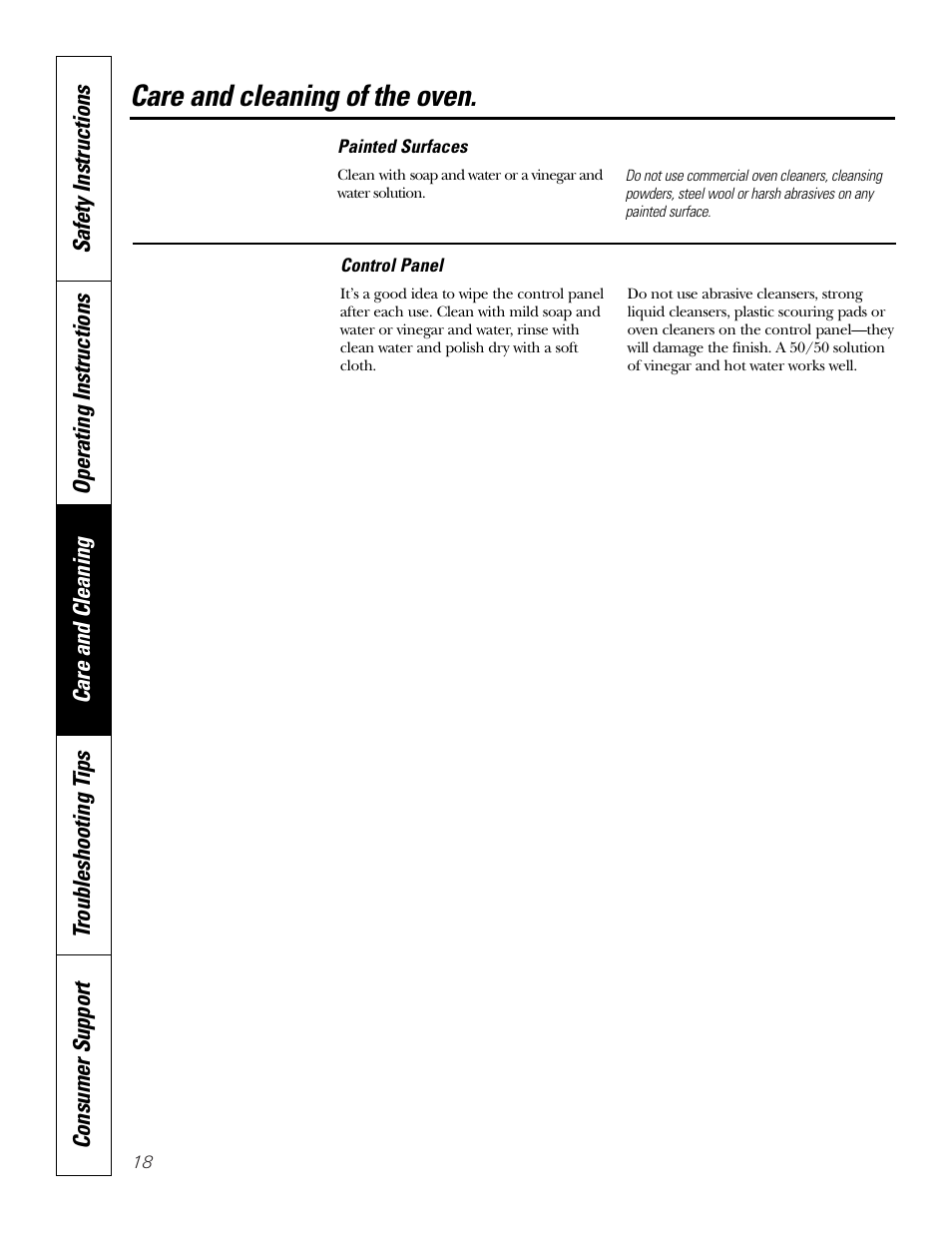 Control panel, Painted surfaces, Care and cleaning of the oven | GE JKS06 User Manual | Page 18 / 24