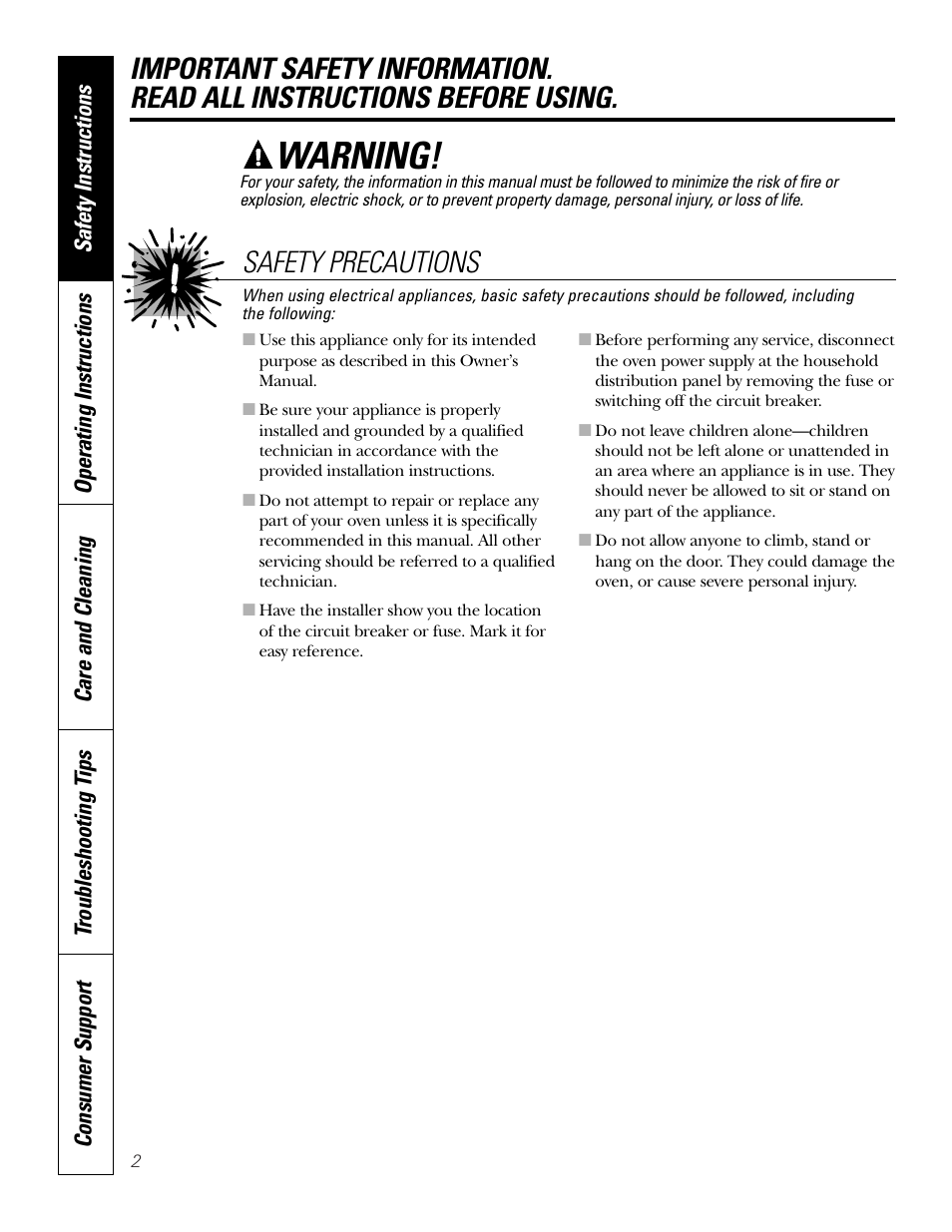 Safety instructions, Warning, Safety precautions | GE JKS06 User Manual | Page 2 / 24