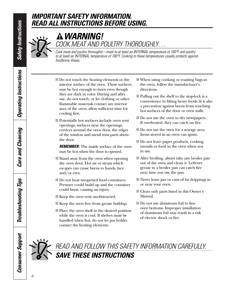 Warning, Cook meat and poultry thoroughly | GE JKS06 User Manual | Page 4 / 24