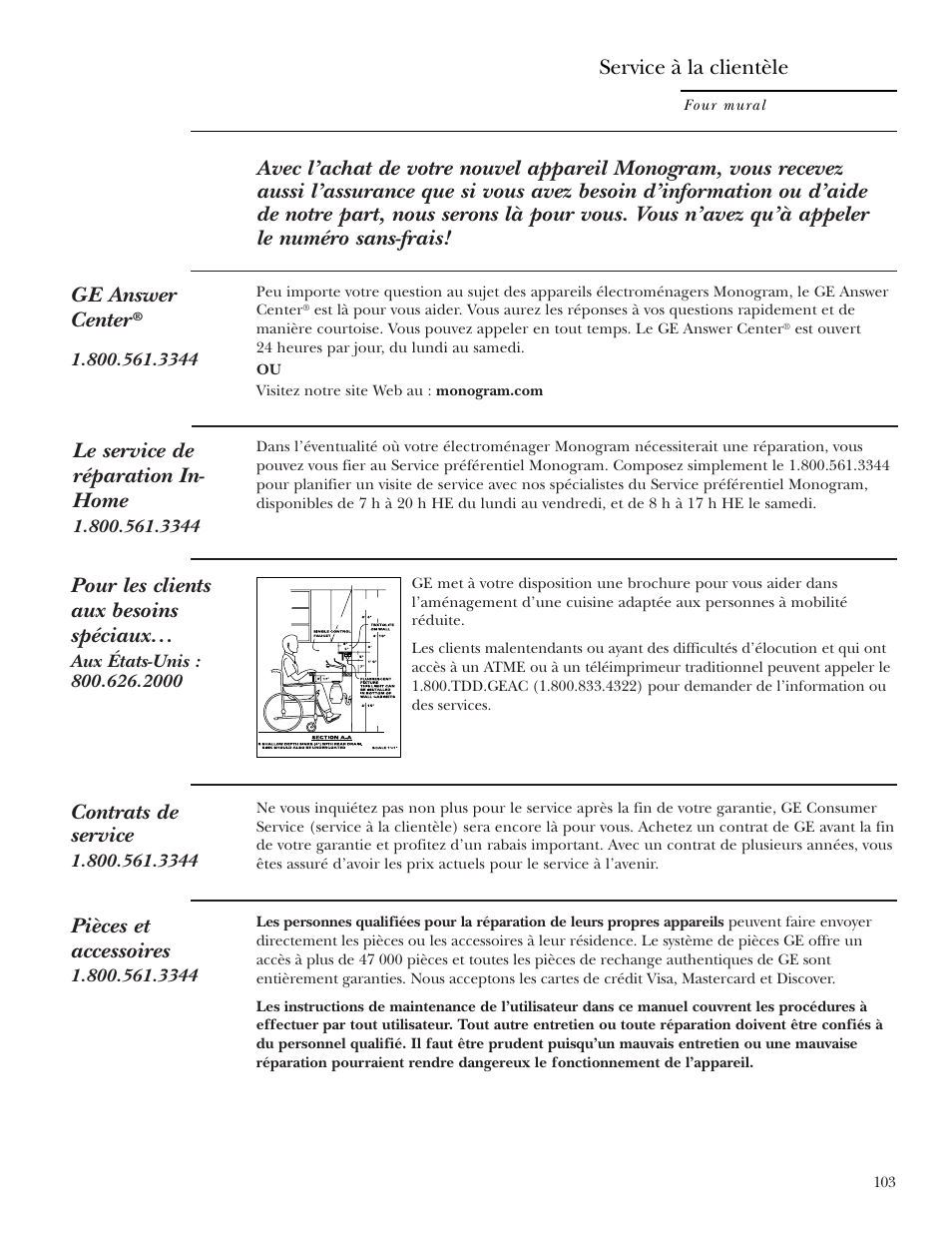 Numéros de téléphone importants, Le service de réparation in- home, Contrats de service | Pièces et accessoires, Pour les clients aux besoins spéciaux, Service à la clientèle | GE ZET2R User Manual | Page 103 / 156