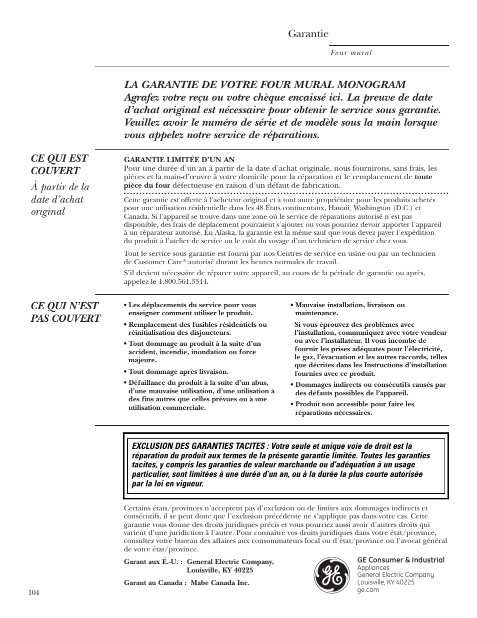 Garantie, Ce qui n’est pas couvert | GE ZET2R User Manual | Page 104 / 156