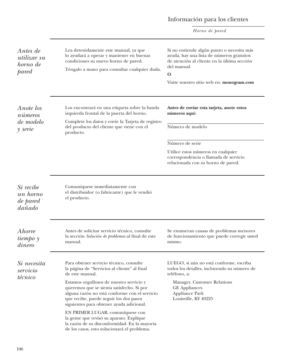 Modelo y número de serie, Registro del producto, Registro del producto , 153, 154 | Antes de utilizar su horno de pared, Si recibe un horno de pared dañado, Ahorre tiempo y dinero, Si necesita servicio técnico, Información para los clientes | GE ZET2R User Manual | Page 106 / 156